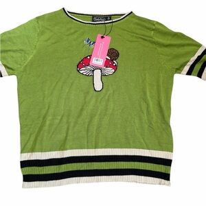Voodoo Vixen Green Tee with Red Mushroom and Black Stripes